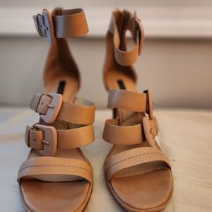 RACHEL ZOE beige, strap ankle, leather heel sandals, size 7.5.  4" heels